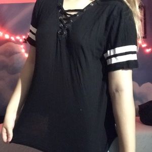 Black and white striped sleeve t-shirt